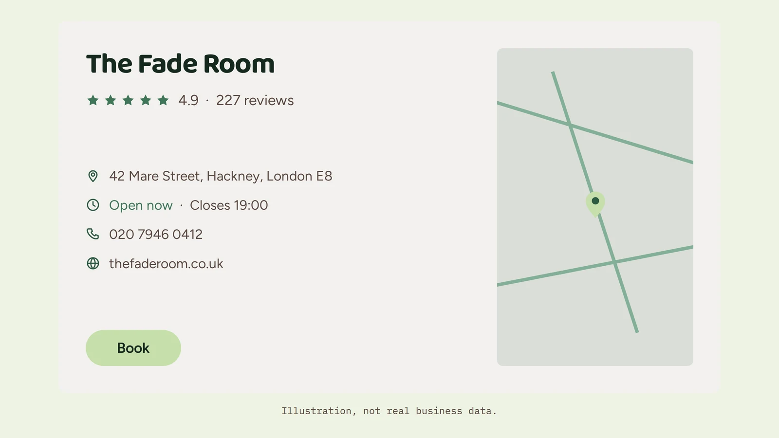 Completed Google Business Profile listing for a UK barbershop showing star reviews, opening hours and booking link